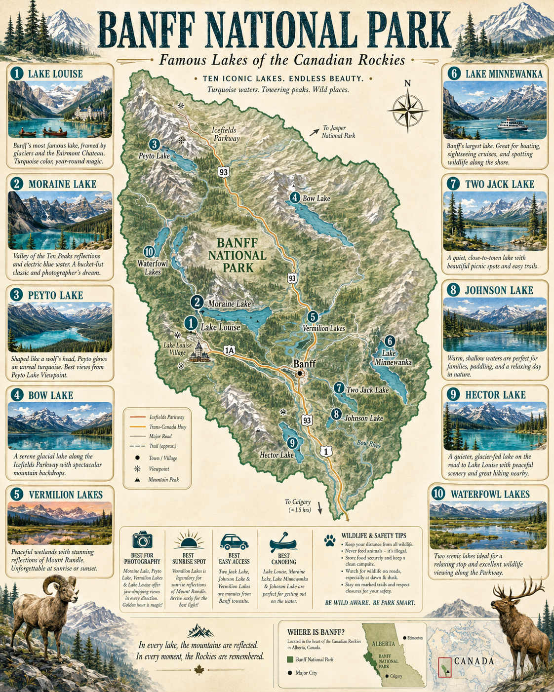 Banff National Park lakes infographic showing Lake Louise, Moraine Lake, Peyto Lake, Bow Lake, Vermilion Lakes, Lake Minnewanka, Two Jack Lake and other scenic lakes.
