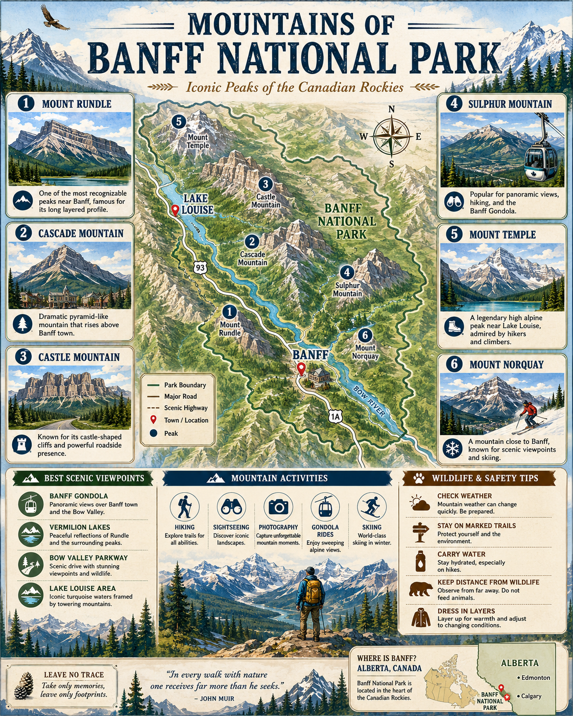 Mountains of Banff National Park infographic showing Mount Rundle, Cascade Mountain, Castle Mountain, Sulphur Mountain, Mount Temple and Mount Norquay.