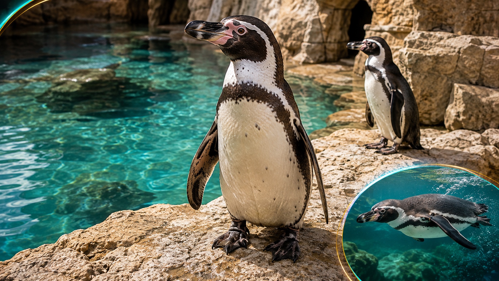 Illustrated Humboldt penguins beside a pool, with a separate underwater swimming scene.