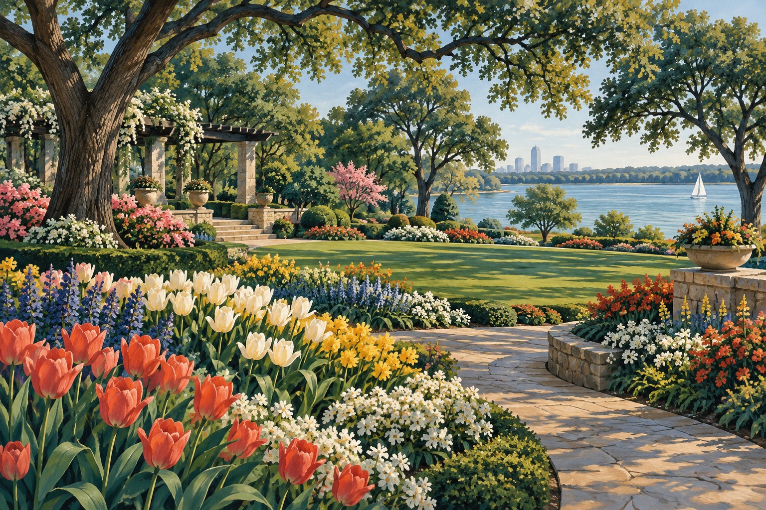 Original illustration of flowering gardens beside White Rock Lake.