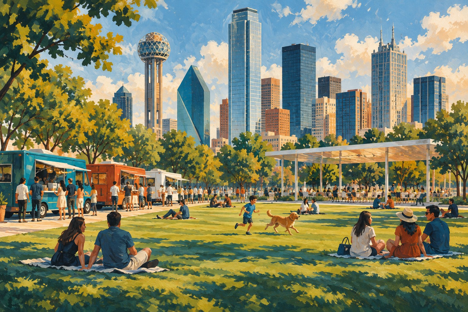 Original illustration of Klyde Warren Park and the Dallas skyline.