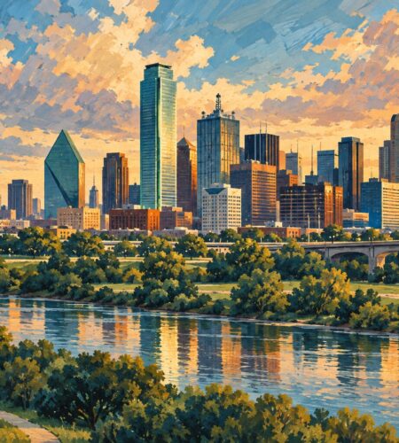 Original gouache illustration of the Dallas skyline, Reunion Tower and the Trinity River.