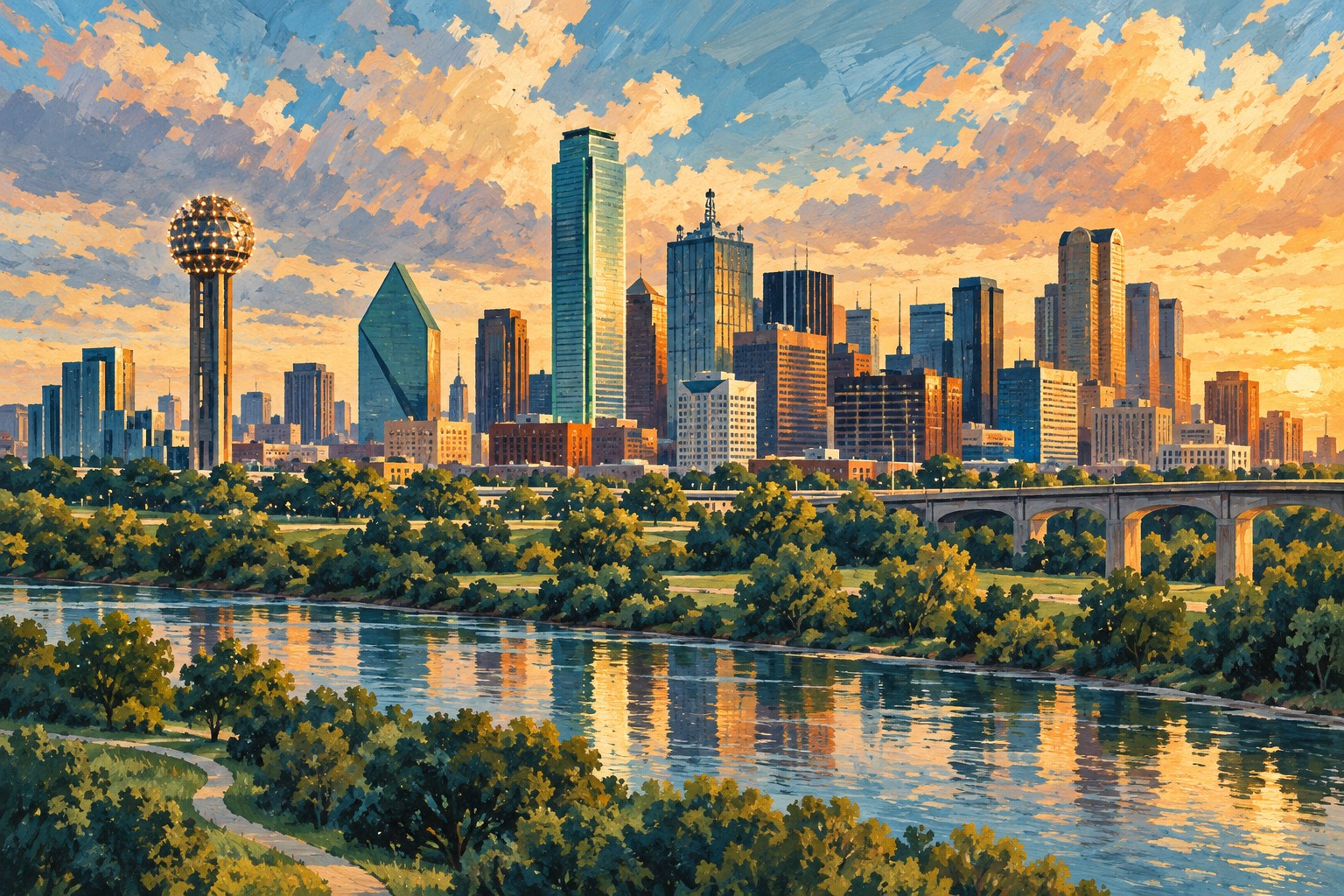 Original illustration of the Dallas skyline and Reunion Tower.