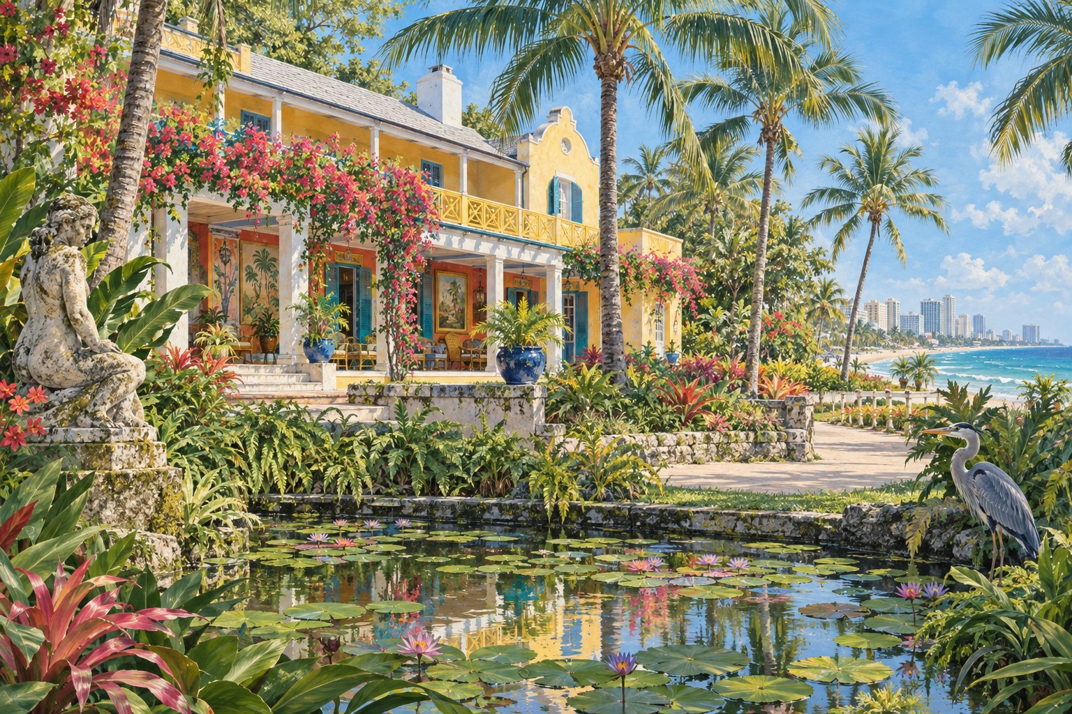Garden atmosphere inspired by Bonnet House, original interpretive illustration.