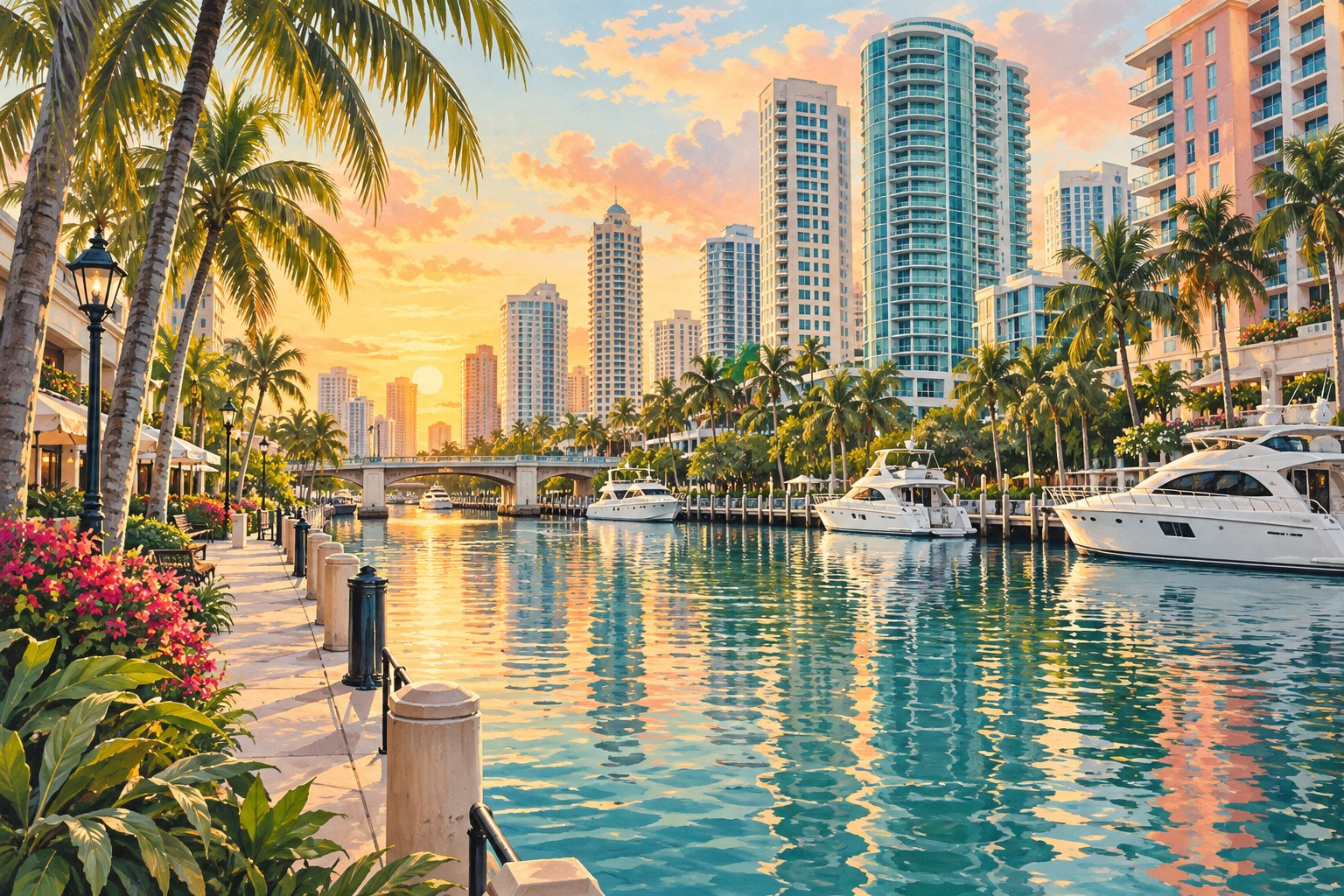 Fort Lauderdale waterways and skyline, an original artistic interpretation.