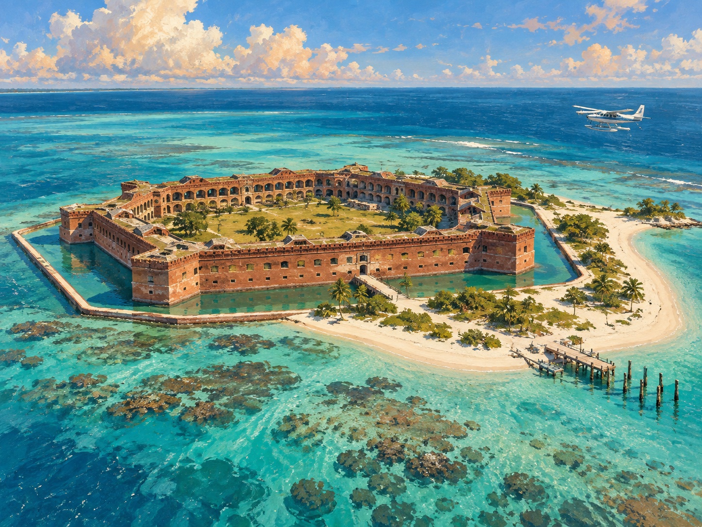 Illustration of Fort Jefferson and the waters around Garden Key.