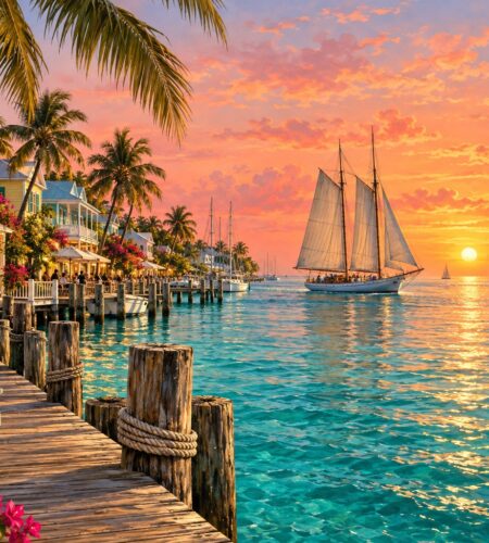 Editorial illustration of Key West’s Historic Seaport at sunset.