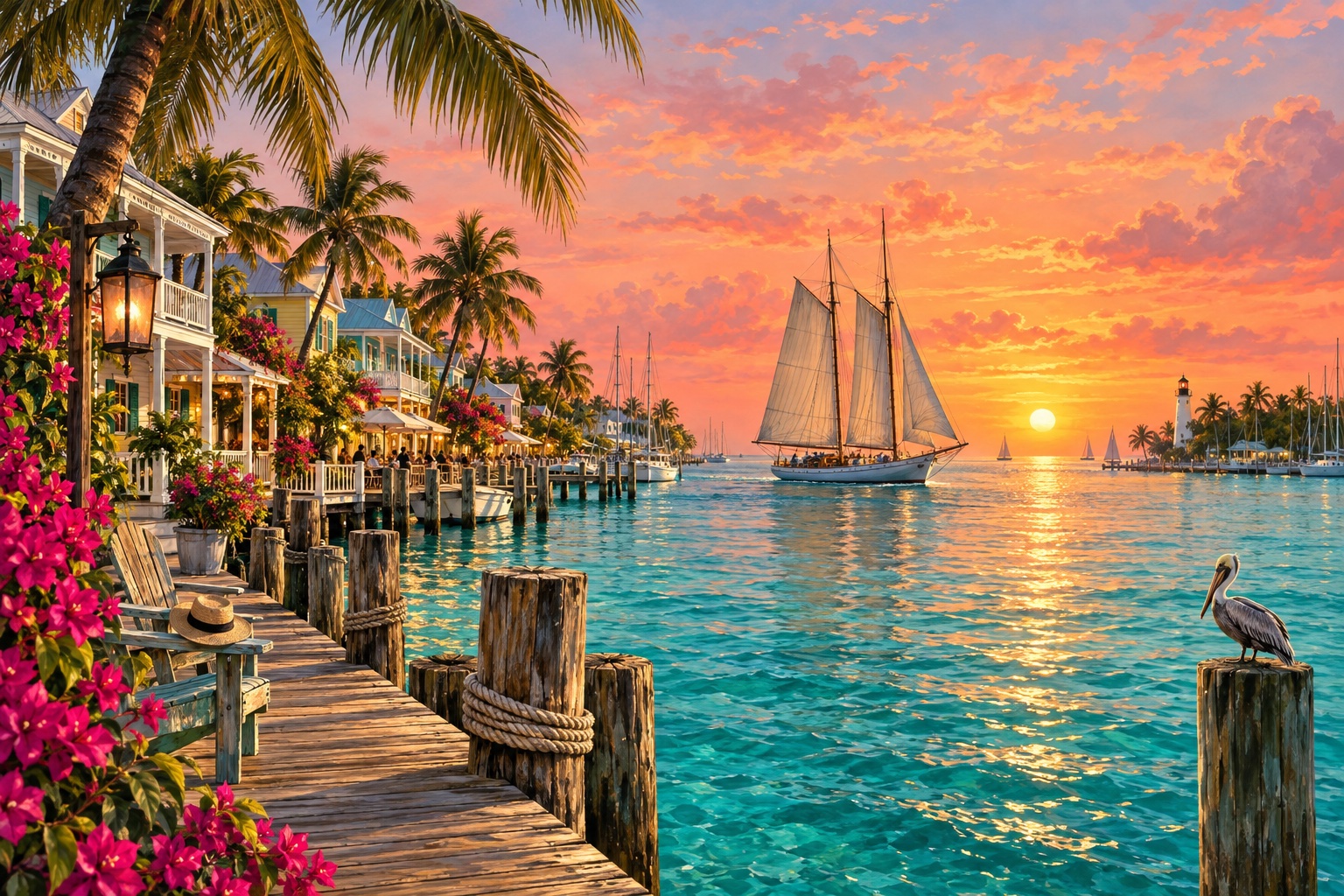 An illustrated view of Key West’s seaport at sunset.