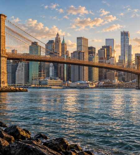Editorial illustration of Brooklyn Bridge and the Manhattan skyline