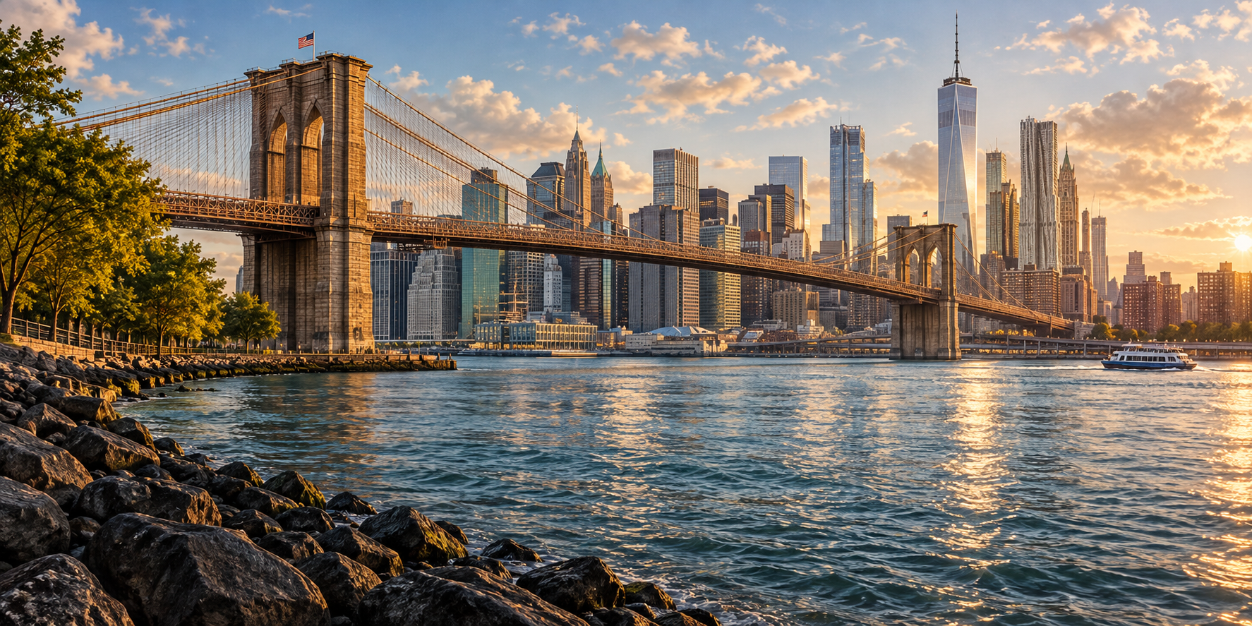 Editorial illustration of Brooklyn Bridge and the Manhattan skyline