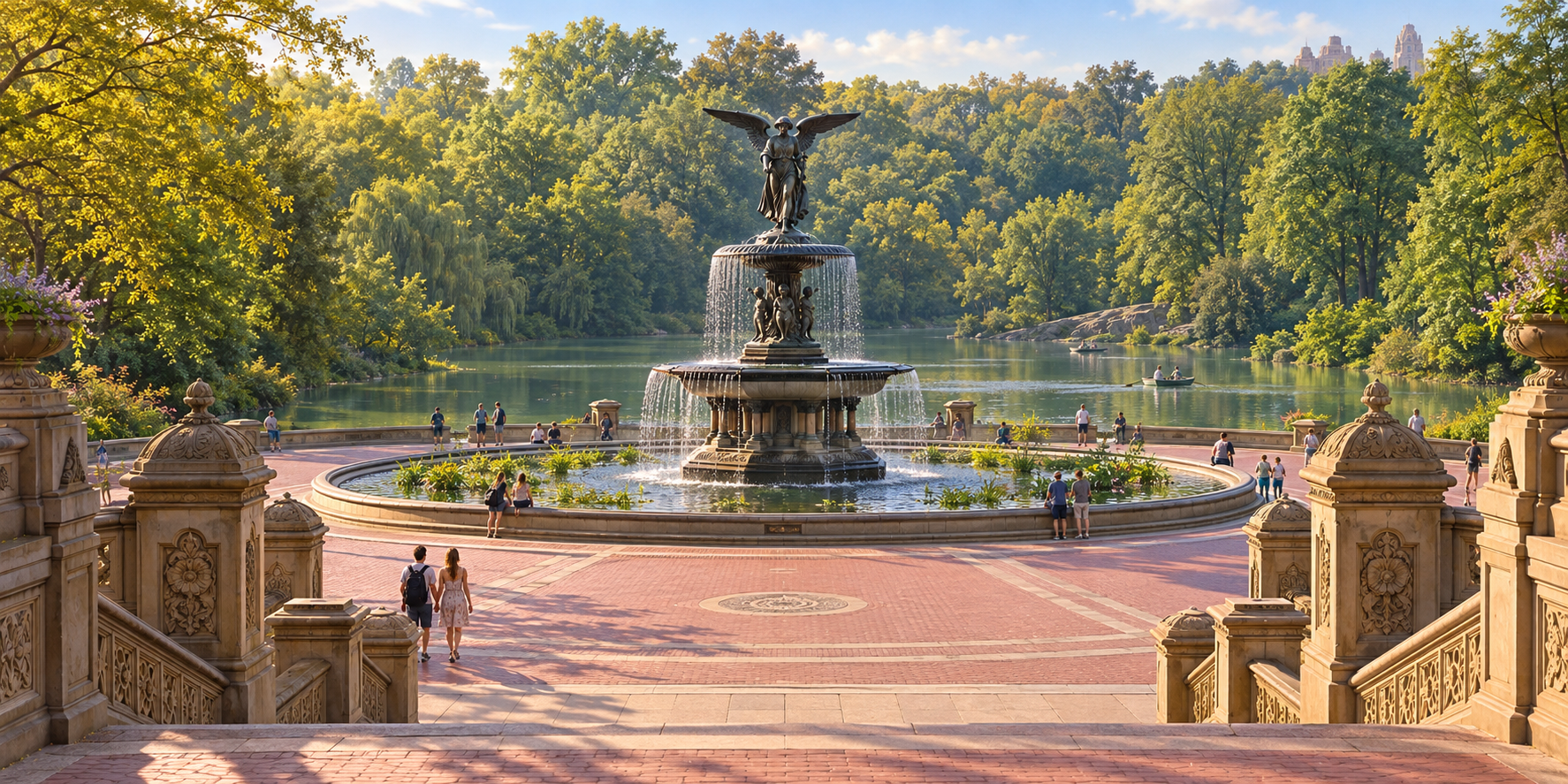 Interpretive illustration of Central Park greenery and Bethesda Terrace