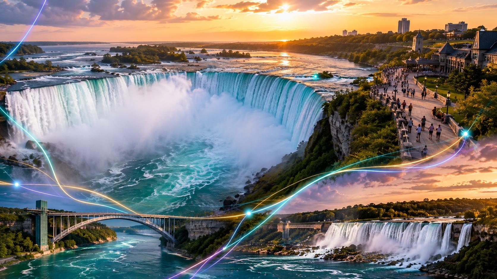 Illustrated Niagara Falls views with Horseshoe Falls, American Falls and a bridge across the river.