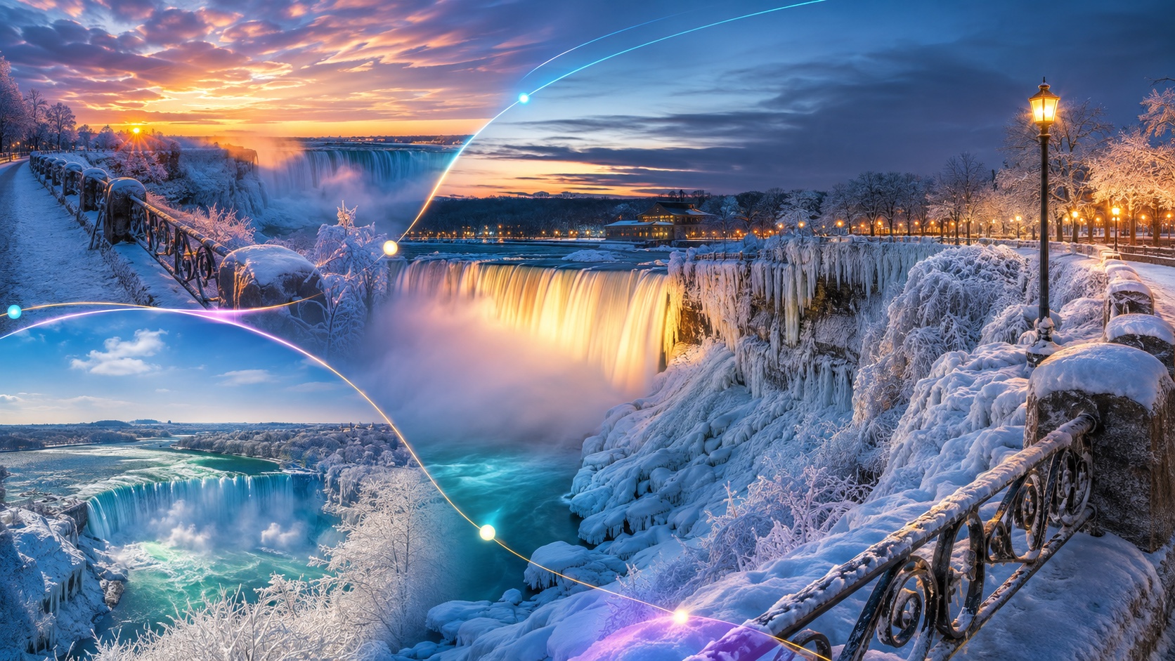 Illustrated Niagara Falls winter scenes with snowy paths and illuminated water.
