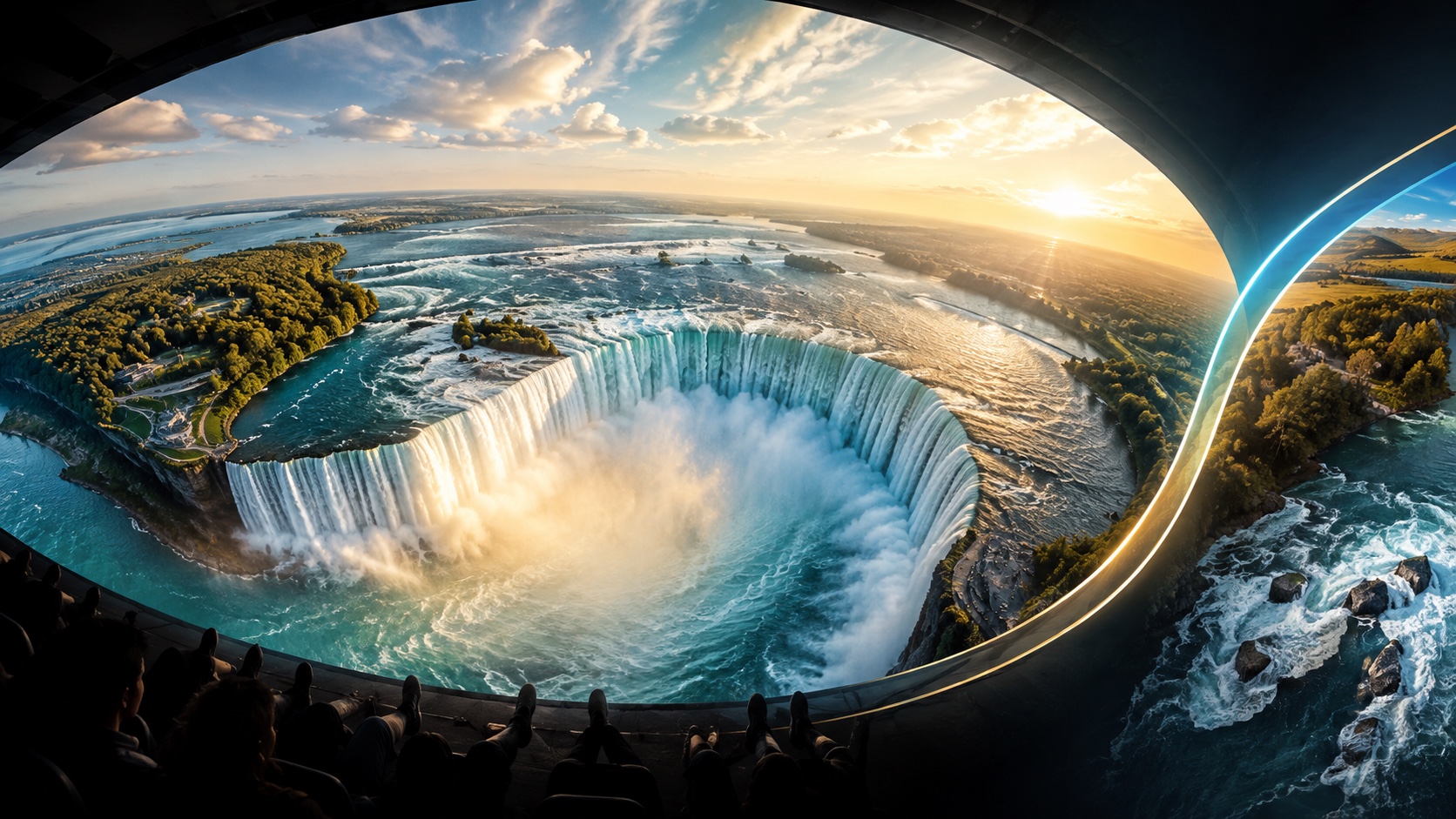 Illustrated flying-theatre seats facing a panoramic Niagara Falls projection.