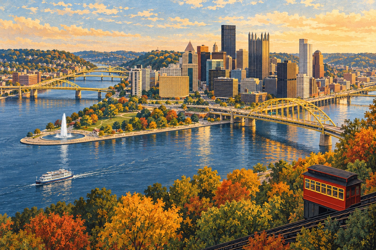Original illustration of Pittsburgh golden bridges, downtown skyline and three-river confluence.