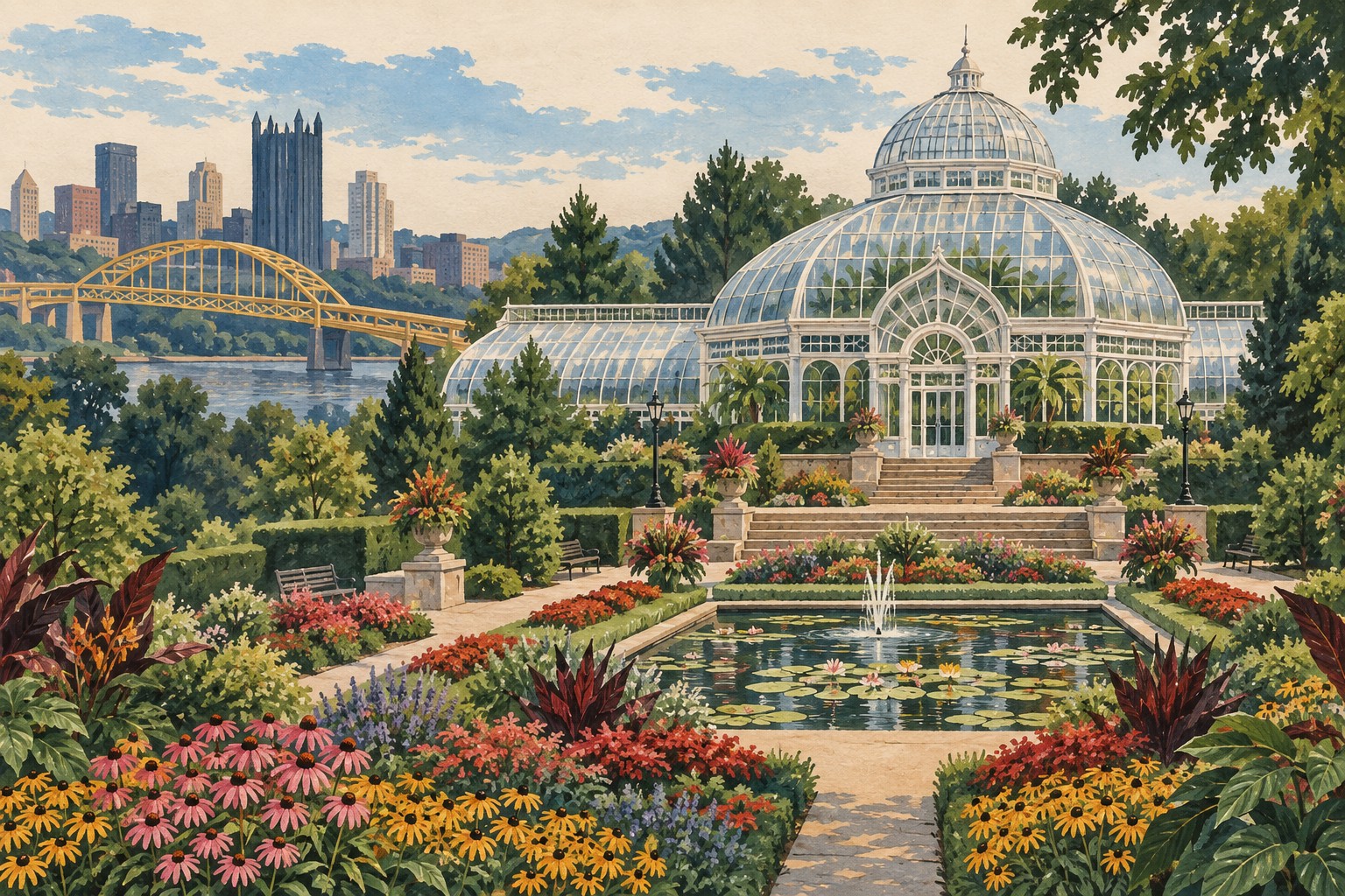 Original illustration of Phipps Conservatory and its gardens in Pittsburgh.