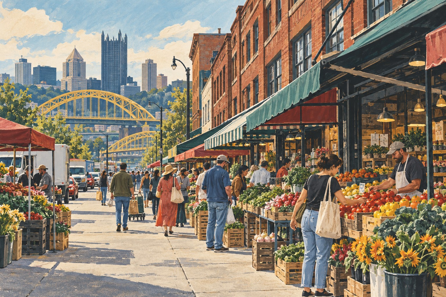 Original illustration of Pittsburgh Strip District market streets and shops.