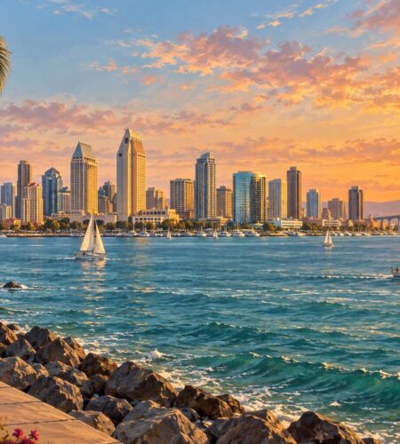 Editorial illustration of the San Diego waterfront and skyline.