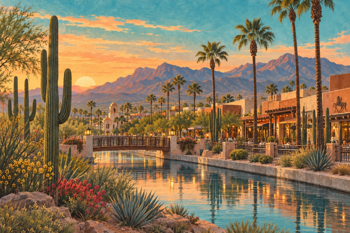 Scottsdale Old Town, canal and desert mountains