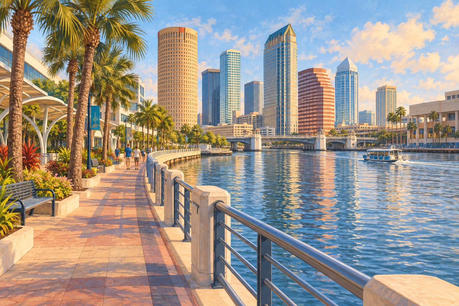 A Riverwalk day — original interpretive illustration.