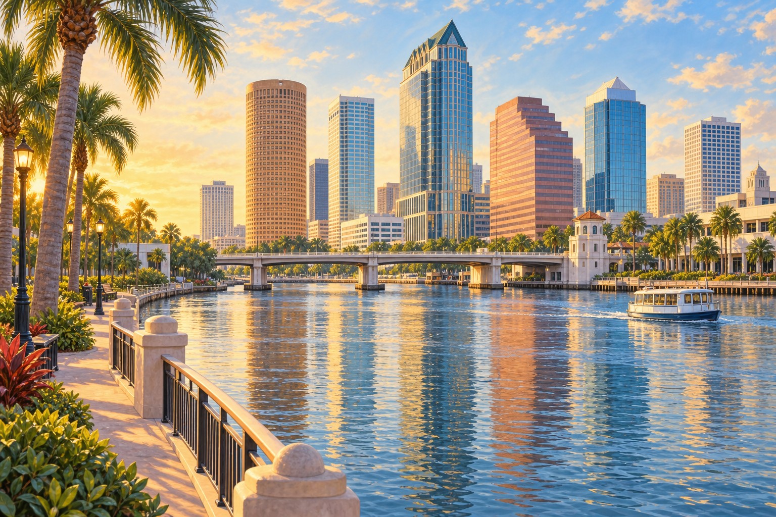 Tampa skyline and river — original interpretive illustration.