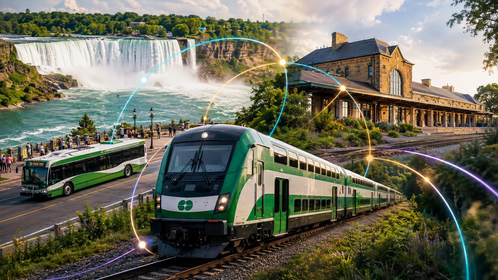 Illustrated collage of a GO train, a bus, a station building and Niagara Falls.