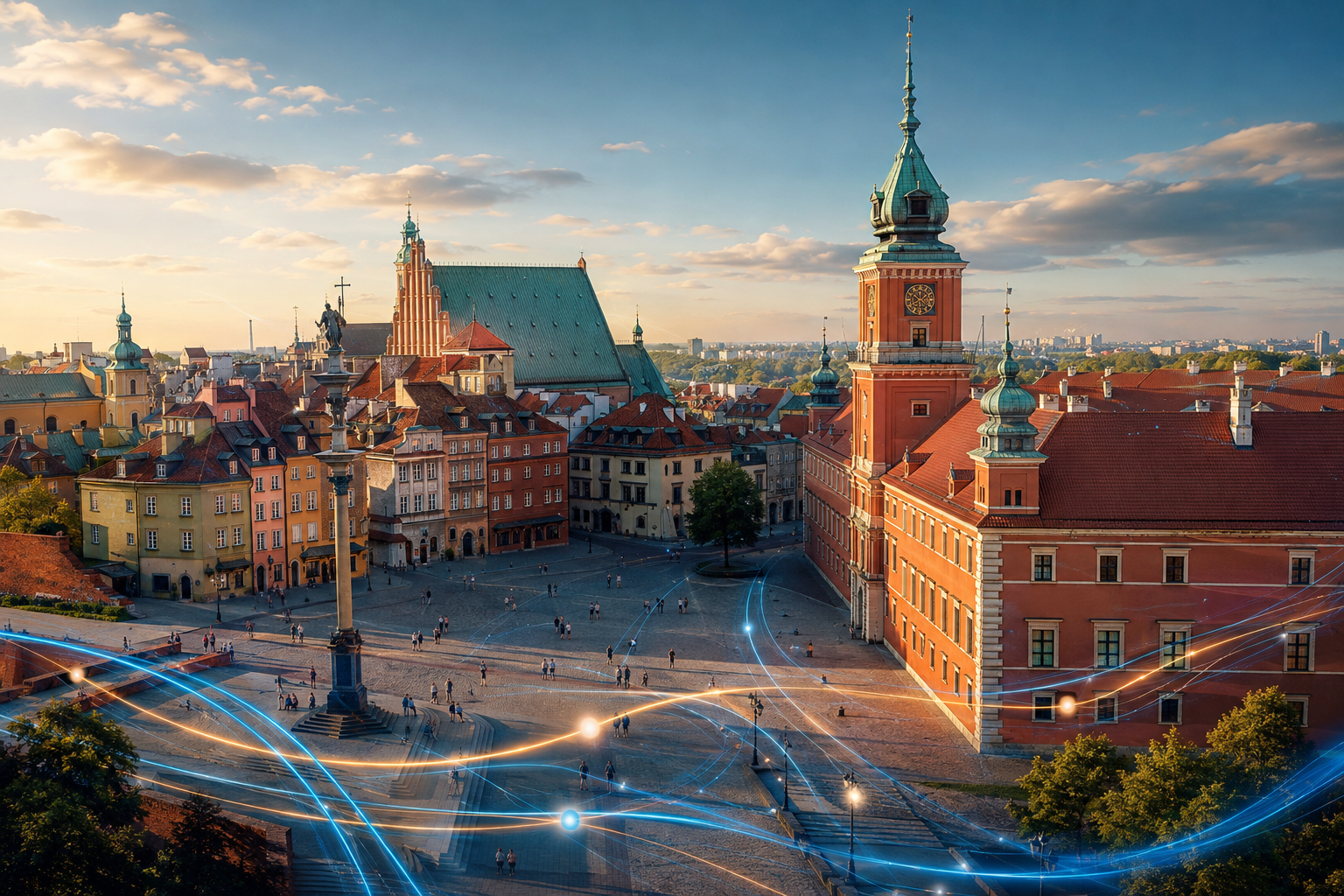 Illustrated Warsaw Castle Square and Old Town rooftops, the city destination beyond Chopin Airport.